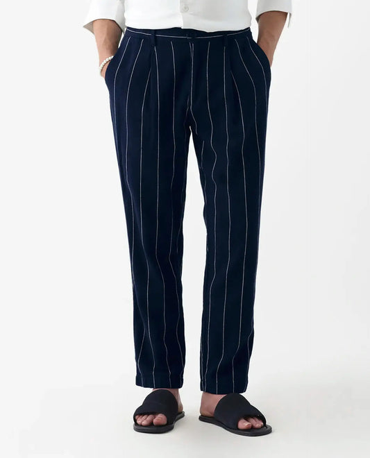 Rare Rabbit Men's Stet Navy Cotton Blend Striped Print Relaxed Fit Trouser