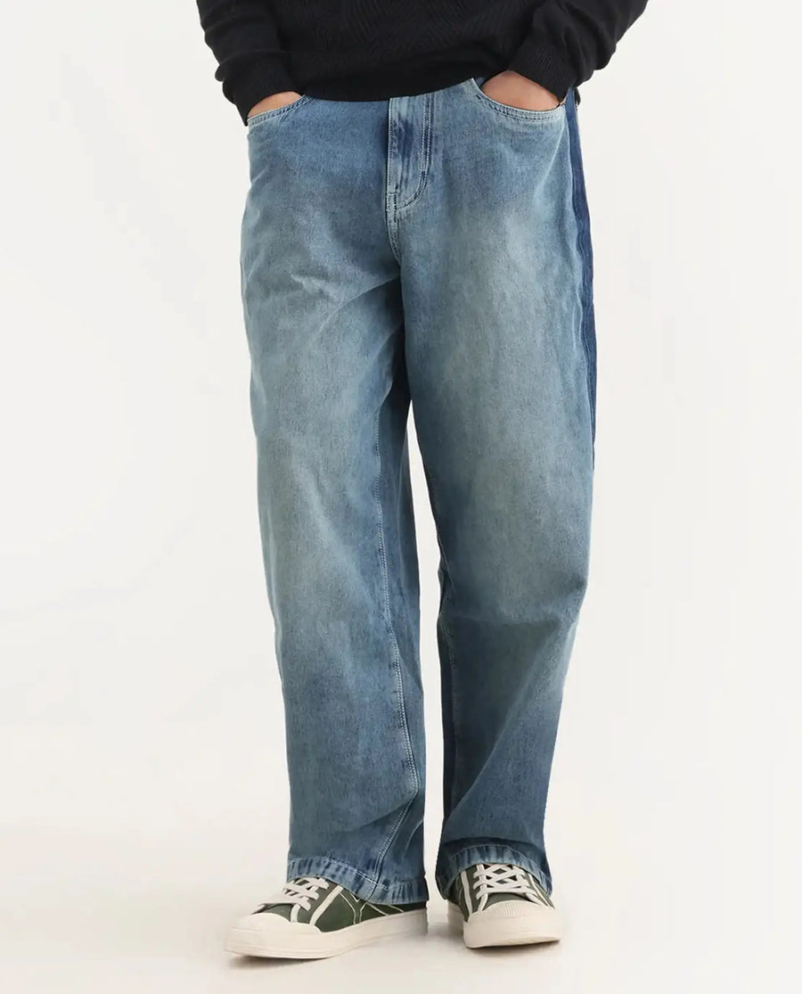 Rare Rabbit Men's Strito Light Blue Cotton Plain Baggy Fit Jeans