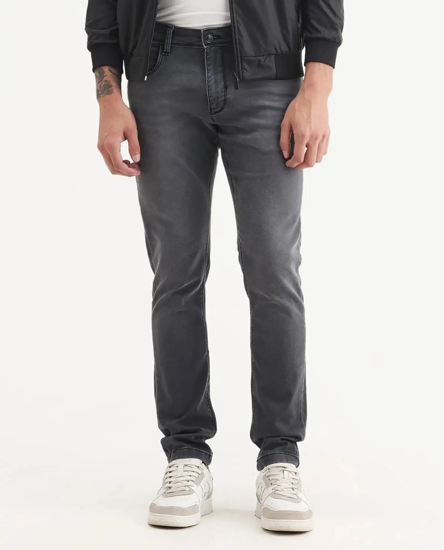 Rare Rabbit Men's Switz-1 Dark Grey Cotton Blend Fabric Hawk Slim Plain Jeans