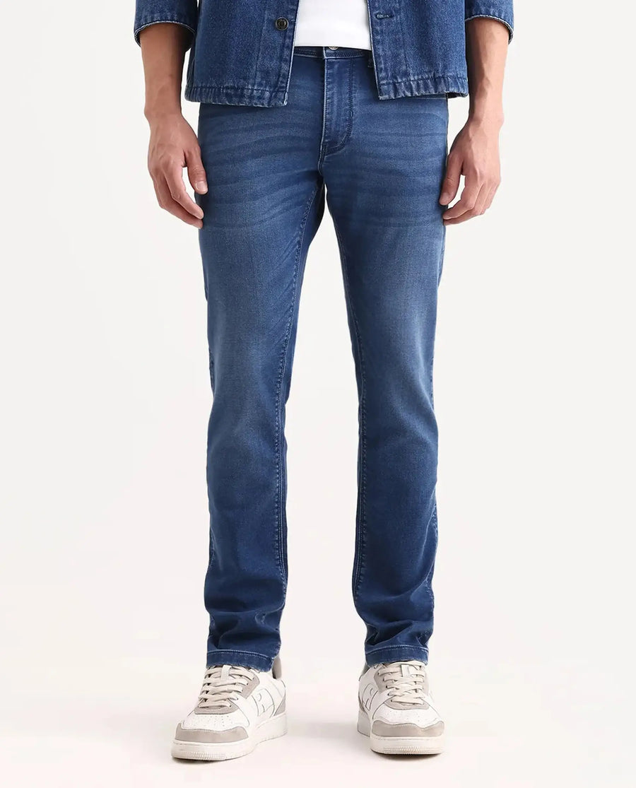 Rare Rabbit Men's Switz-2 Blue Cotton Blend Fabric Hawk Slim Plain Jeans
