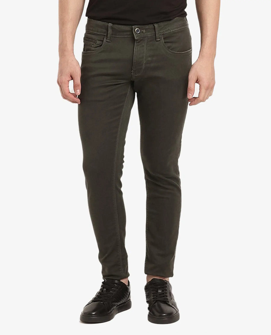 Rare Rabbit Men's Terra Olive Cotton Plain Hawk Slim Fit Jeans