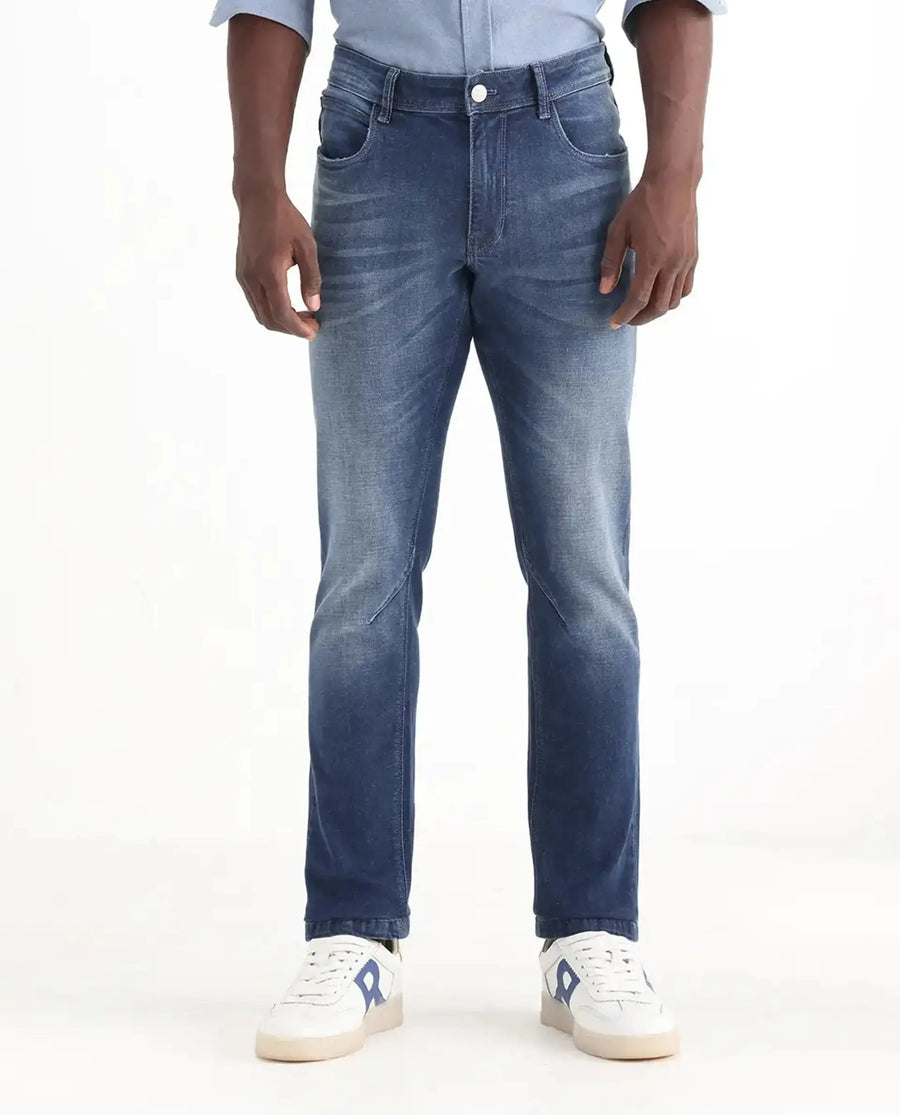 Rare Rabbit Men's Toke Blue Cotton Plain Hawk Slim Fit Jeans