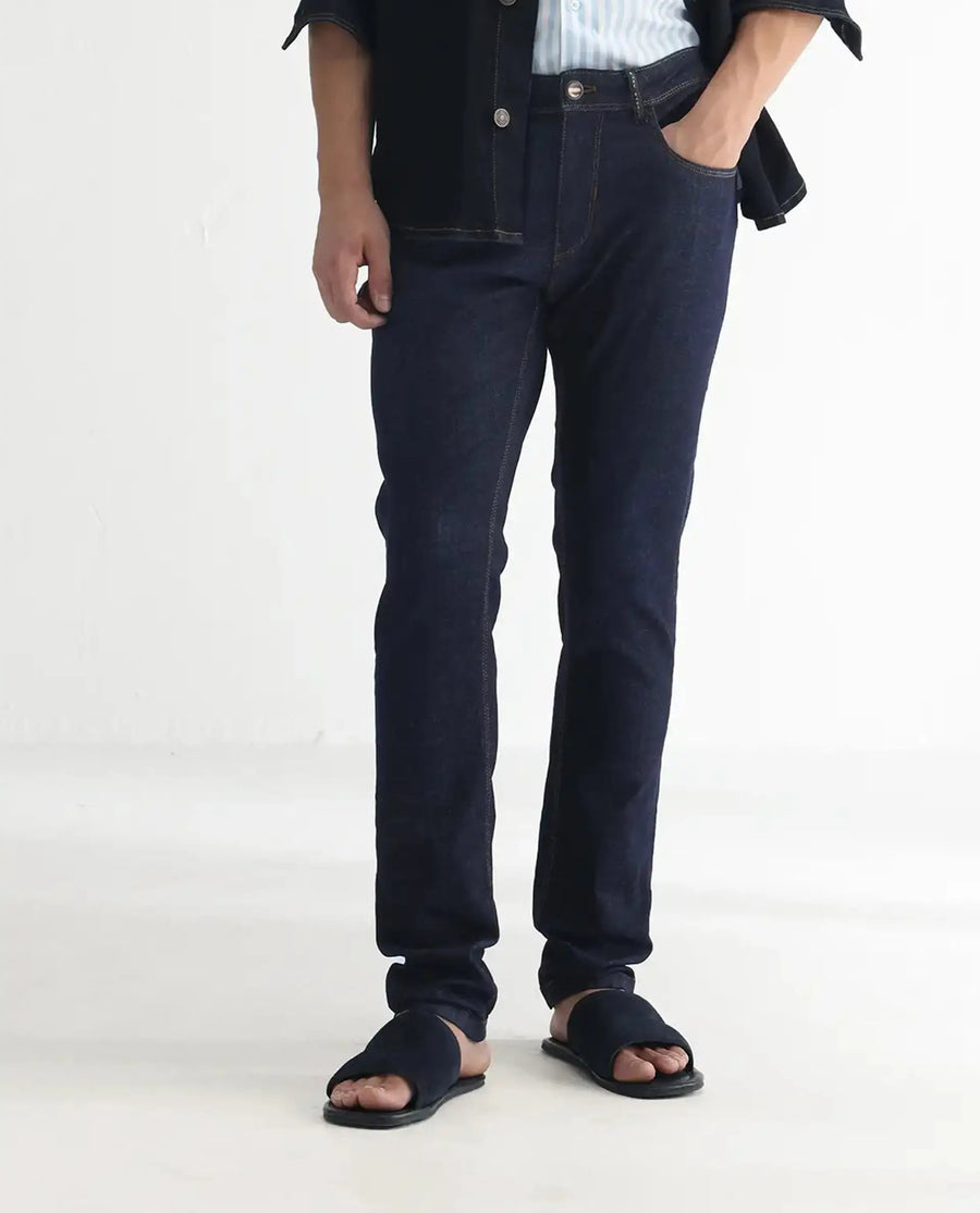 Rare Rabbit Men's Toledo Navy Cotton Plain Hawk Slim Fit Jeans