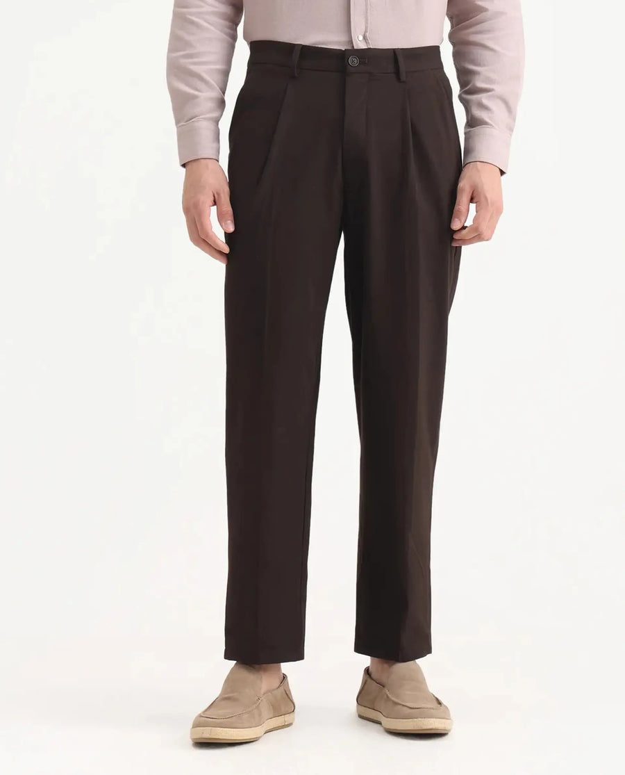 Rare Rabbit Men's Tori Dark Brown Cotton Plain Relaxed Fit Trouser