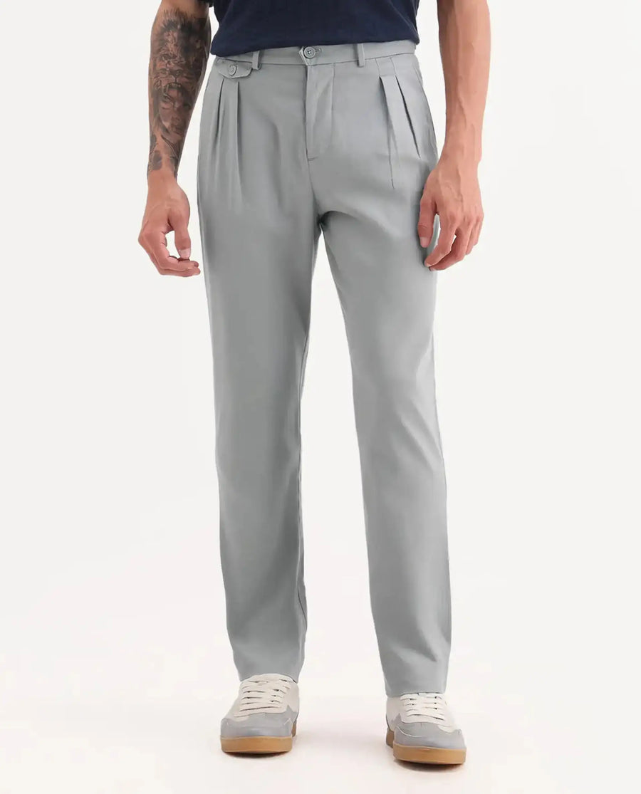 Rare Rabbit Men's Torro Grey Cotton Plain Regular Fit Trouser