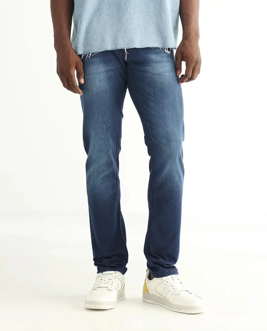 Rare Rabbit Men's Toucil Dark Blue Cotton Plain Hawk Slim Fit Jeans