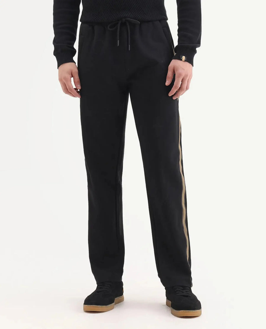 Rare Rabbit Men's Tracksign Black Cotton Plain Regular Fit Trouser