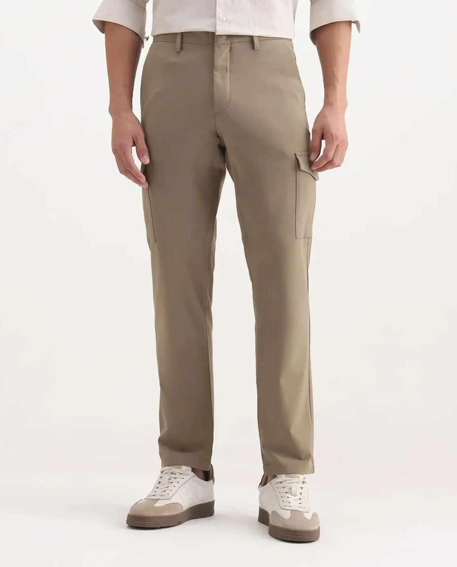 Rare Rabbit Men's Traco Dark Beige Cotton Plain Regular Fit Trouser