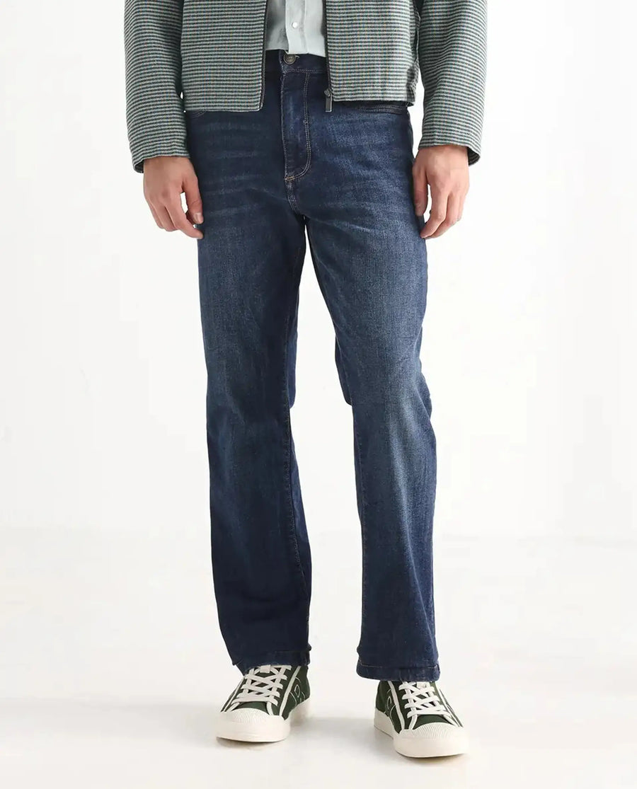 Rare Rabbit Men's Train Fluorescent Blue Cotton Blend Plain Morris Regular Fit Jeans
