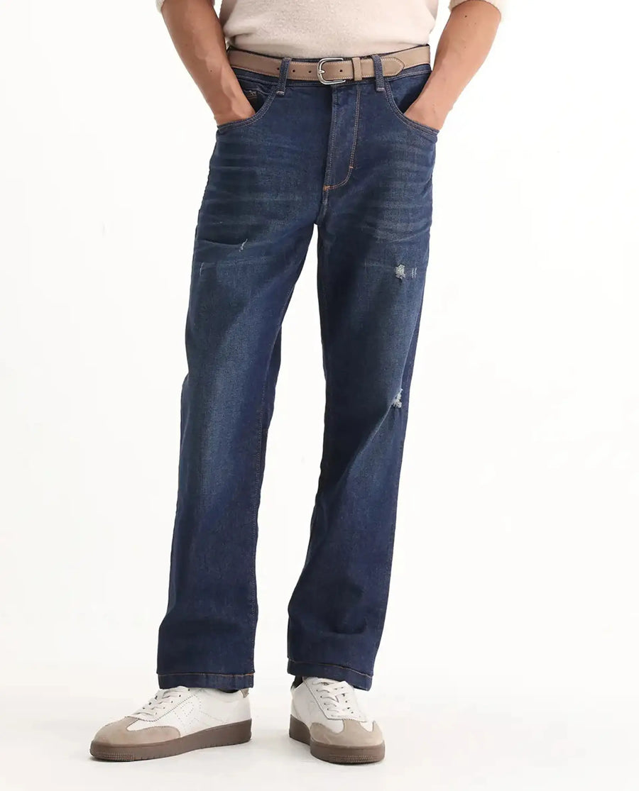 Rare Rabbit Men's Traingle Blue Cotton Blend Plain Morris Regular Fit Jeans