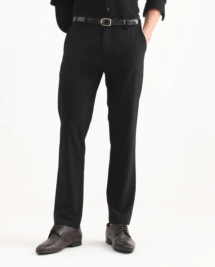Rare Rabbit Men's Travel-25 Black Polyester Blend Plain Regular Fit Trouser