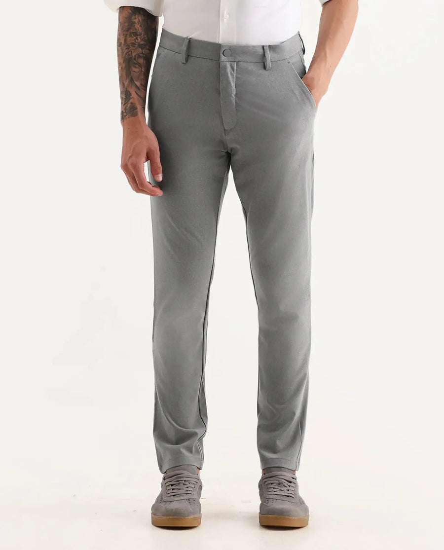 Rare Rabbit Men's Travel-25 Grey Polyester Blend Plain Regular Fit Trouser