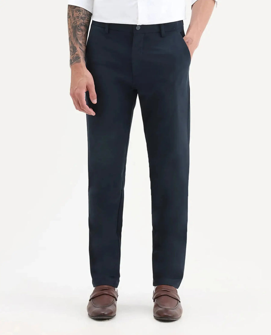 Rare Rabbit Men's Travel-25 Navy Polyester Blend Plain Regular Fit Trouser