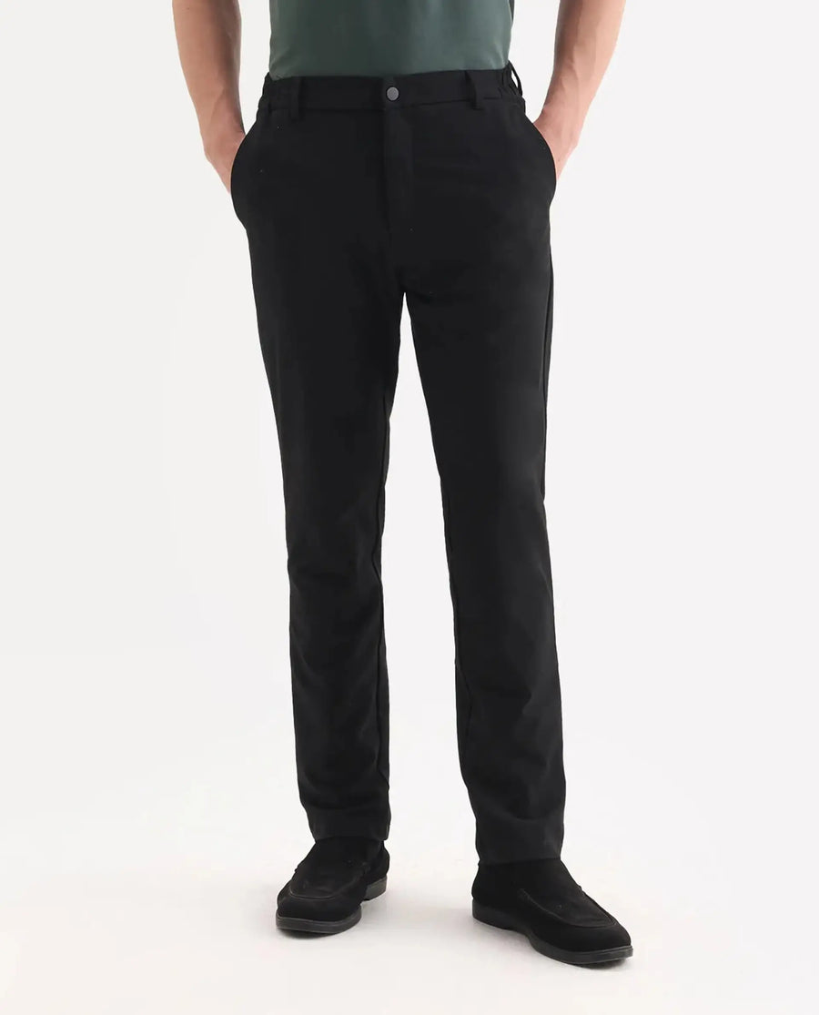 Rare Rabbit Men's Travel 26 Black Polyester Blend Plain Regular Fit Trouser