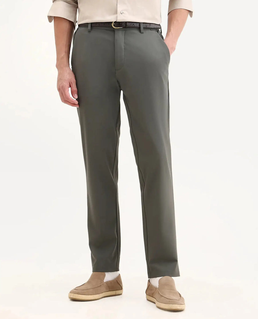 Rare Rabbit Men's Travel-26 Olive Polyester Blend Plain Regular Fit Trouser