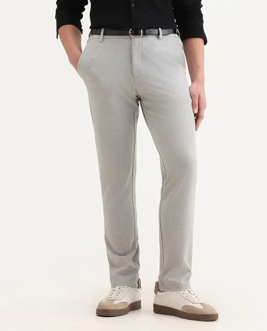 Rare Rabbit Men's Travel-26R Grey Polyester Blend Plain Regular Fit Trouser