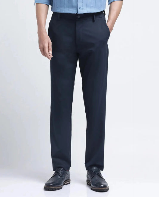 Rare Rabbit Men's Travel-26R Navy Polyester Blend Plain Regular Fit Trouser