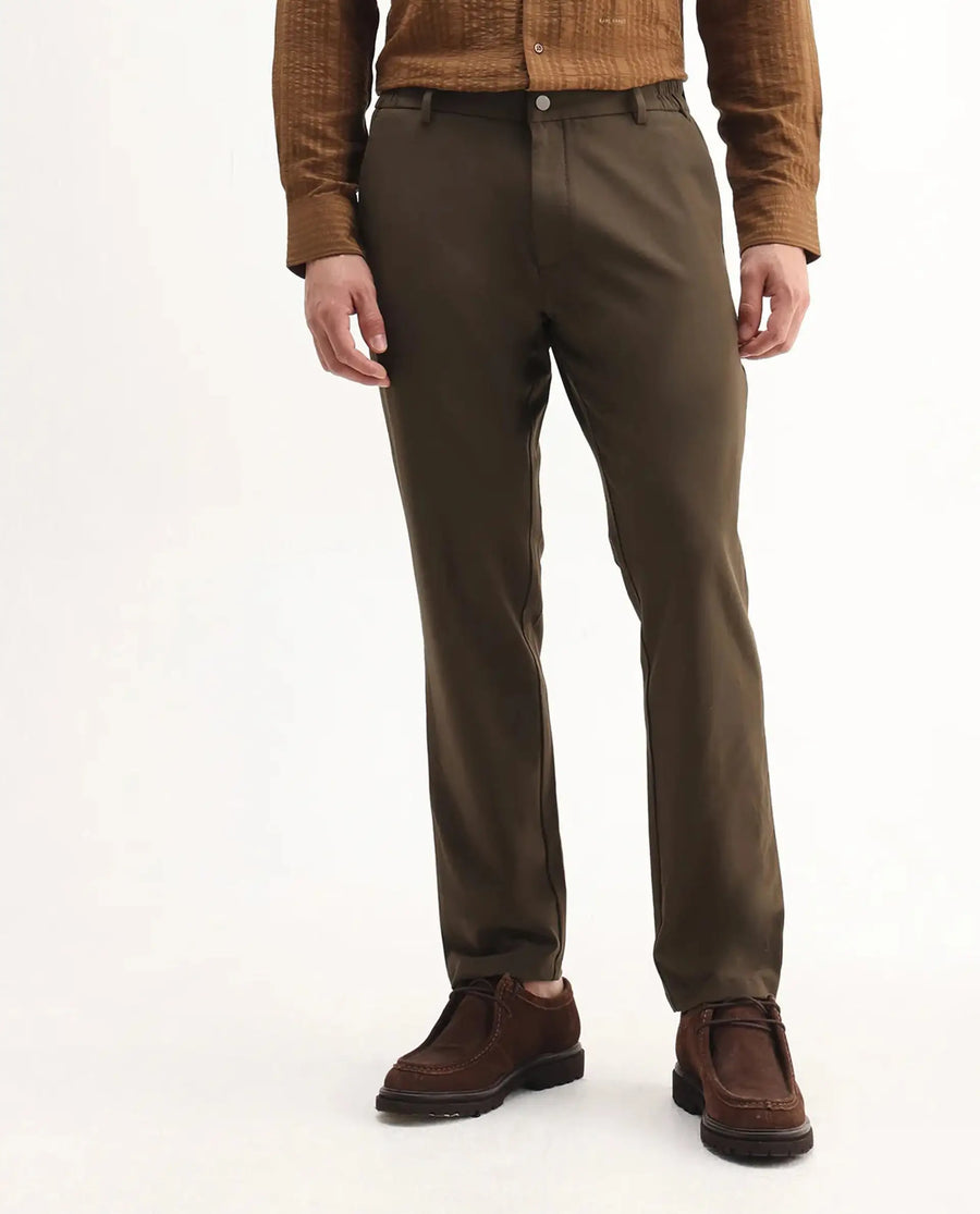 Rare Rabbit Men's Travel-Aw25 Dark Brown Polyester Blend Plain Regular Fit Trouser