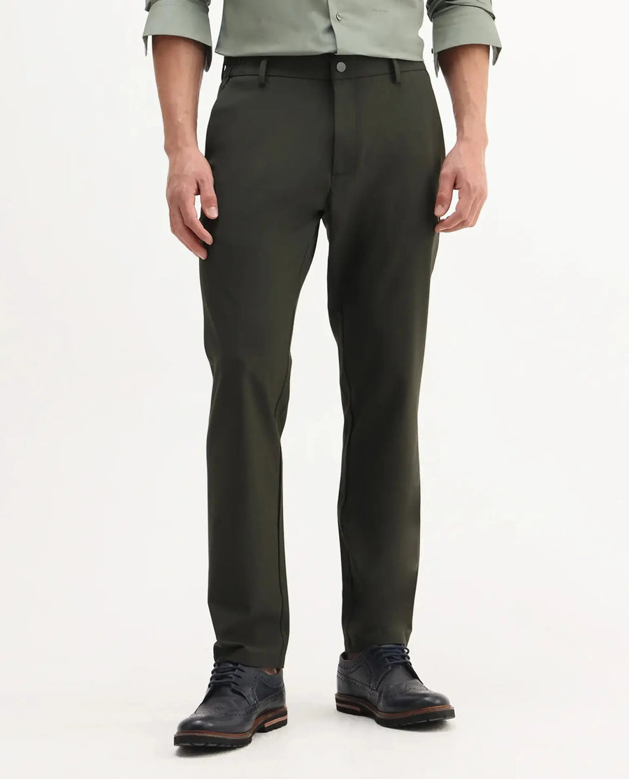 Rare Rabbit Men Travel-Aw25 Green Polyester Fabric Button And Zip Closure Closure Plain Trouser