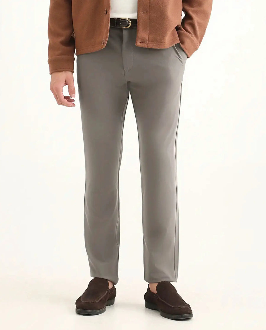Rare Rabbit Men's Travel-Ss26 Dark Beige Polyester Fabric Button And Zip Closure Closure Plain Trouser