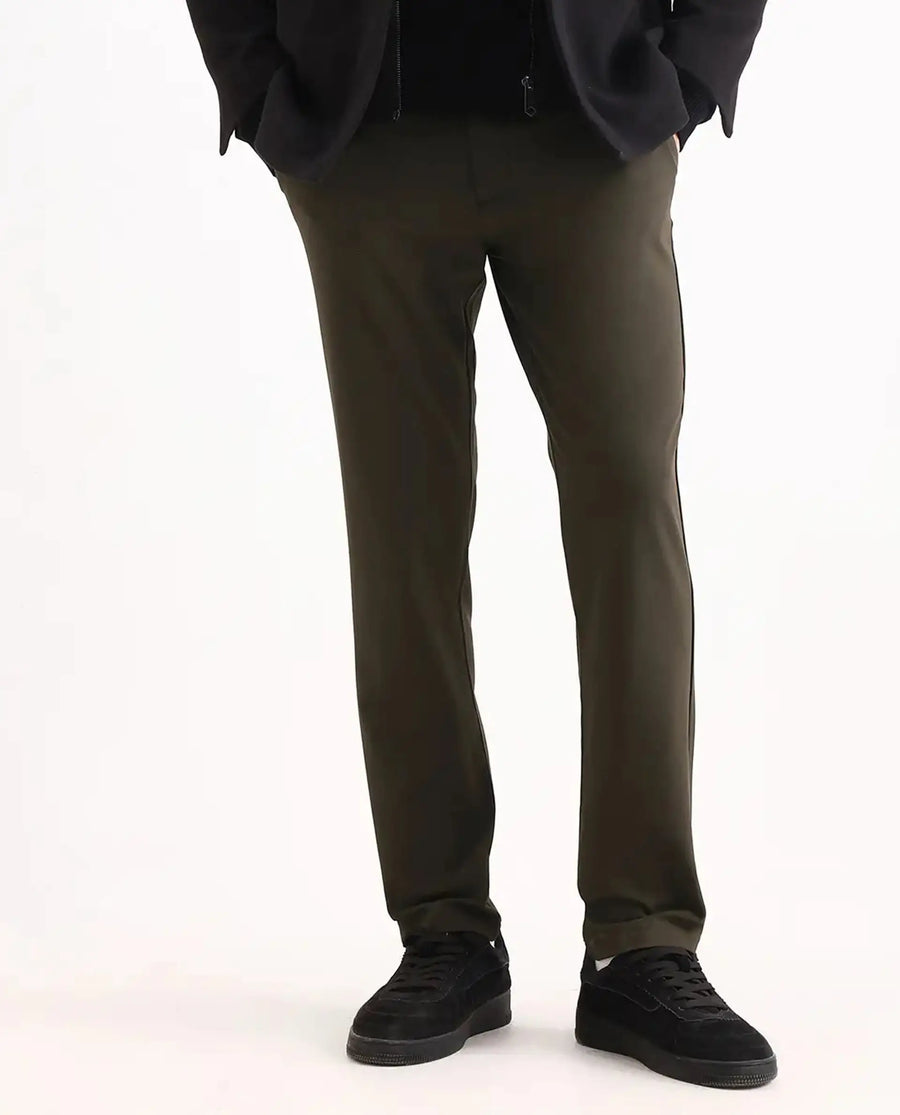 Rare Rabbit Men's Travel-Ss26 Dark Olive Polyester Fabric Button And Zip Closure Closure Plain Trouser