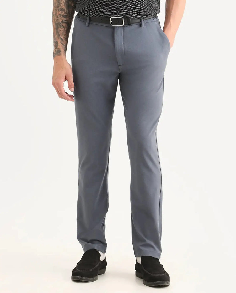 Rare Rabbit Men's Travel-Ss26 Dusky Blue Polyester Fabric Button And Zip Closure Closure Plain Trouser