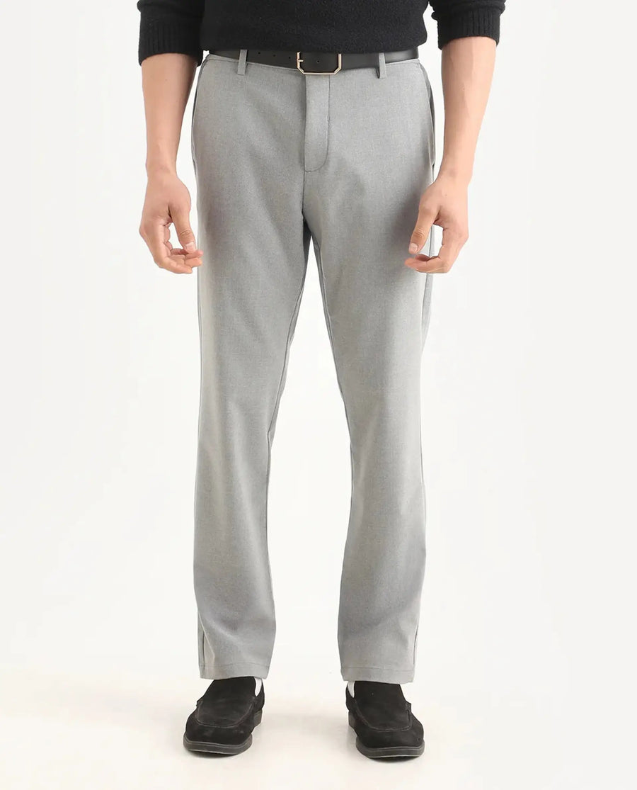Rare Rabbit Men's Travel-Ss26 Grey Polyester Fabric Button And Zip Closure Closure Plain Trouser