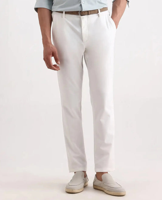 Rare Rabbit Men's Travel-Ss26 White Polyester Fabric Button And Zip Closure Closure Plain Trouser