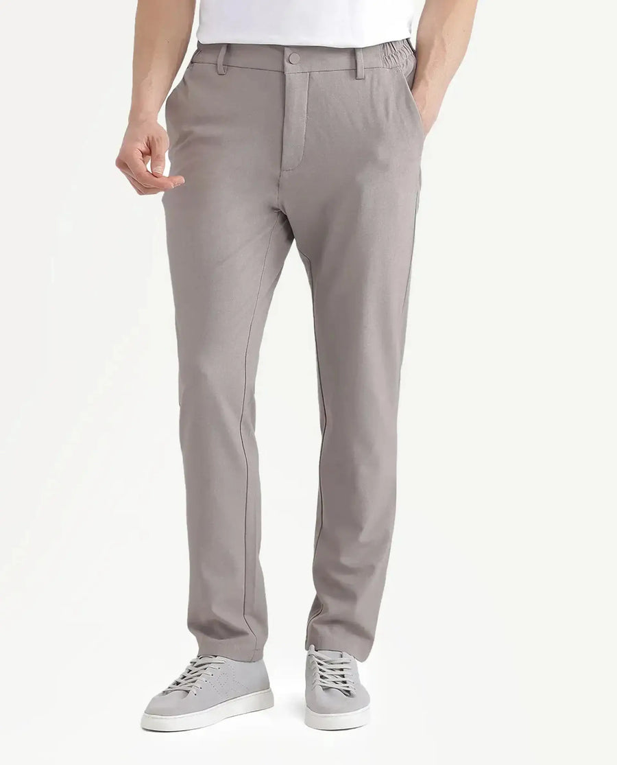Rare Rabbit Men Travel-Stk Dark Beige Polyester Fabric Button And Zip Closure Closure Plain Trouser