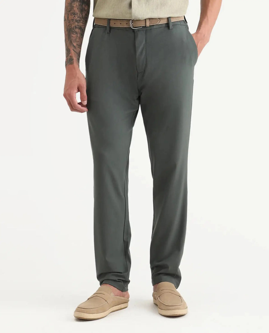 Rare Rabbit Men Travel-Stk Olive Polyester Fabric Button And Zip Closure Closure Plain Trouser