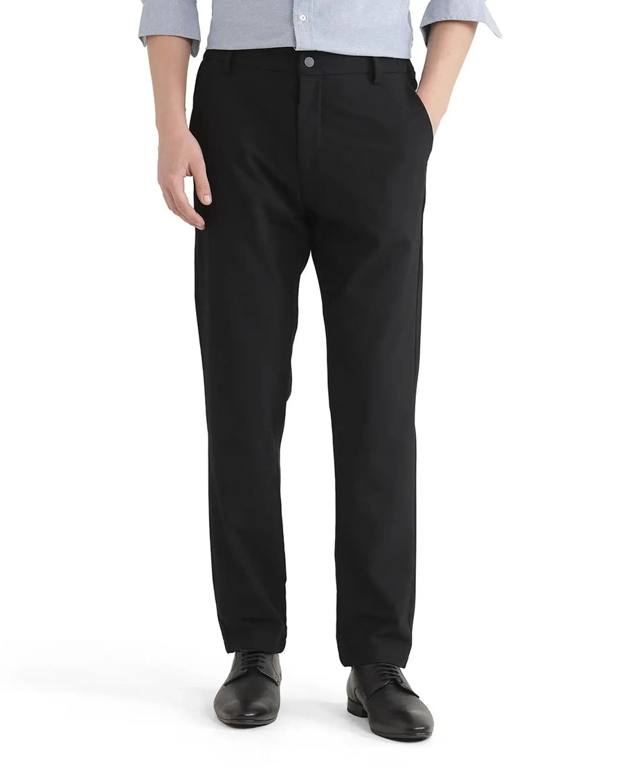 Rare Rabbit Men's Travel Uni Black Polyester Blend Plain Regular Fit Trouser