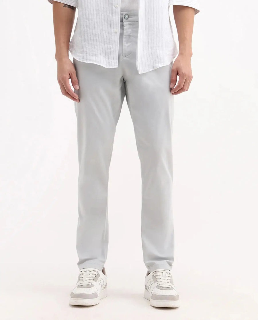 Rare Rabbit Men's Trello Light Grey Cotton Blend Plain Regular Fit Trouser