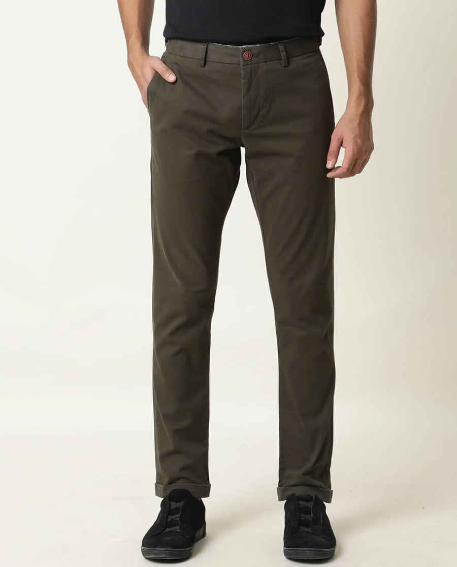 Rare Rabbit Men's Trews-22 Olive Cotton Plain Regular Fit Trouser