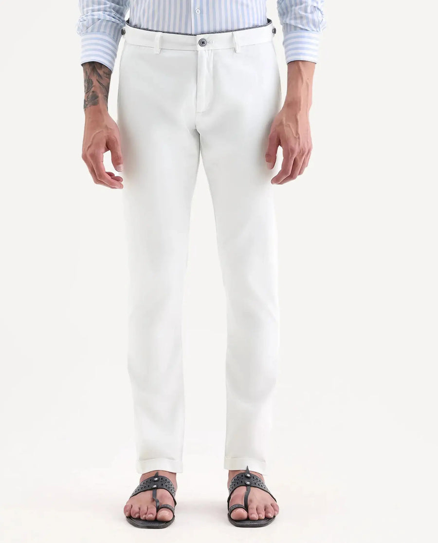 Rare Rabbit Men's Trews-22 White Cotton Plain Regular Fit Trouser