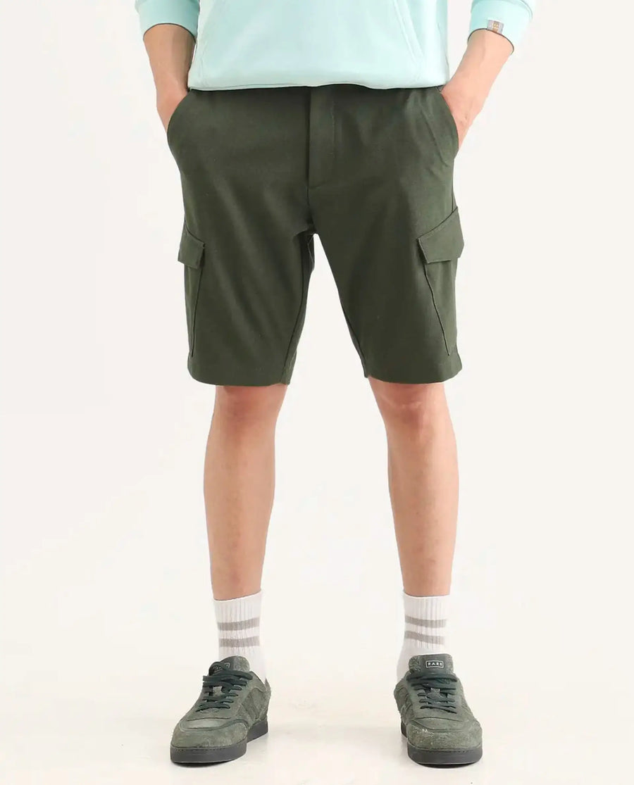 Rare Rabbit Men's Tripco-Ss26 Dark Olive Polyester Blend Fabric Relaxed Fit Plain Shorts