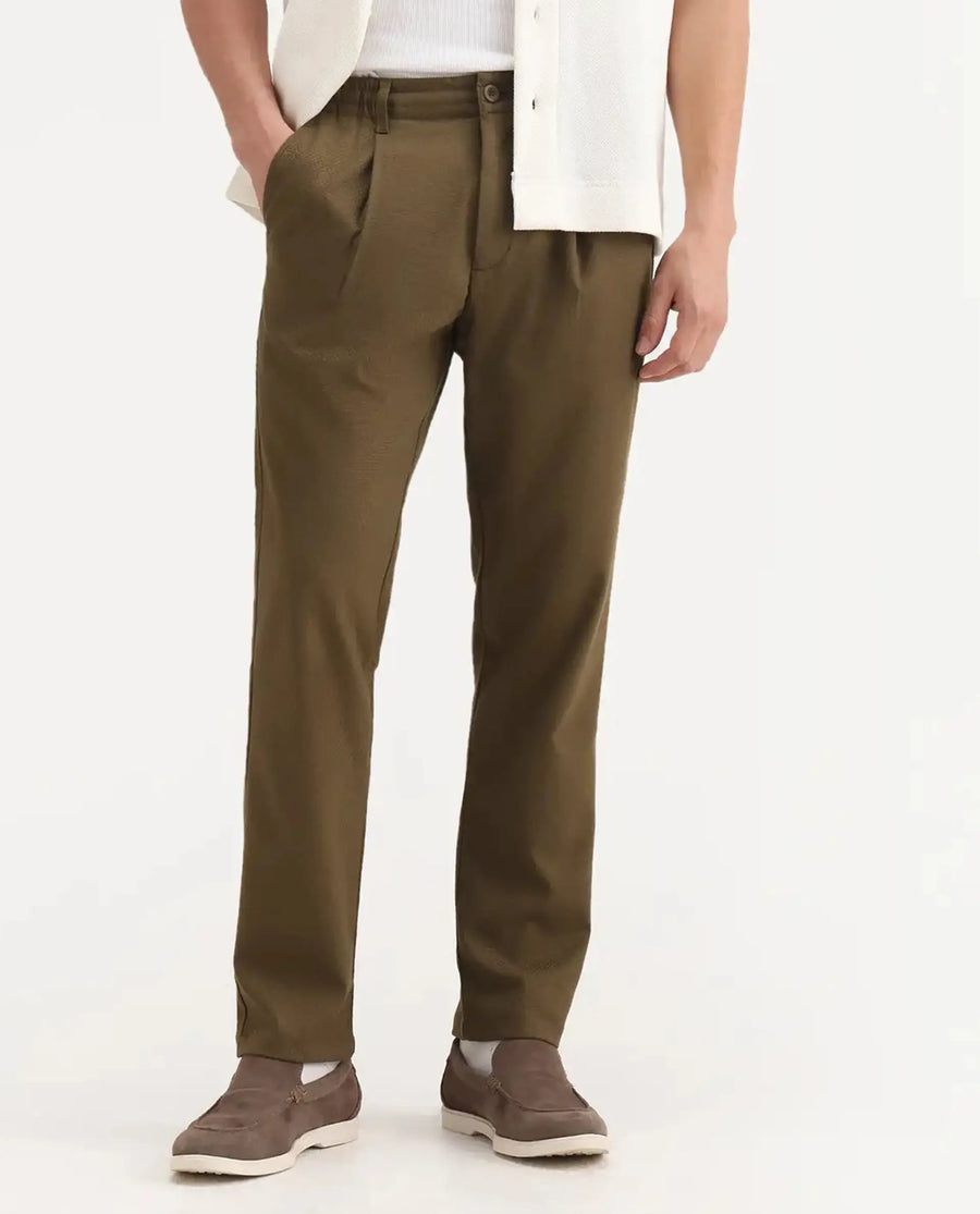 Rare Rabbit Men's Tula Light Olive Cotton Plain Relaxed Fit Trouser