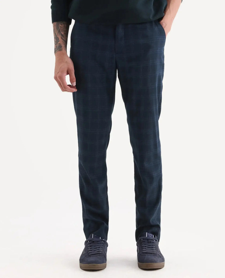 Rare Rabbit Men's Twig Navy Polyester Checked Print Regular Fit Trouser