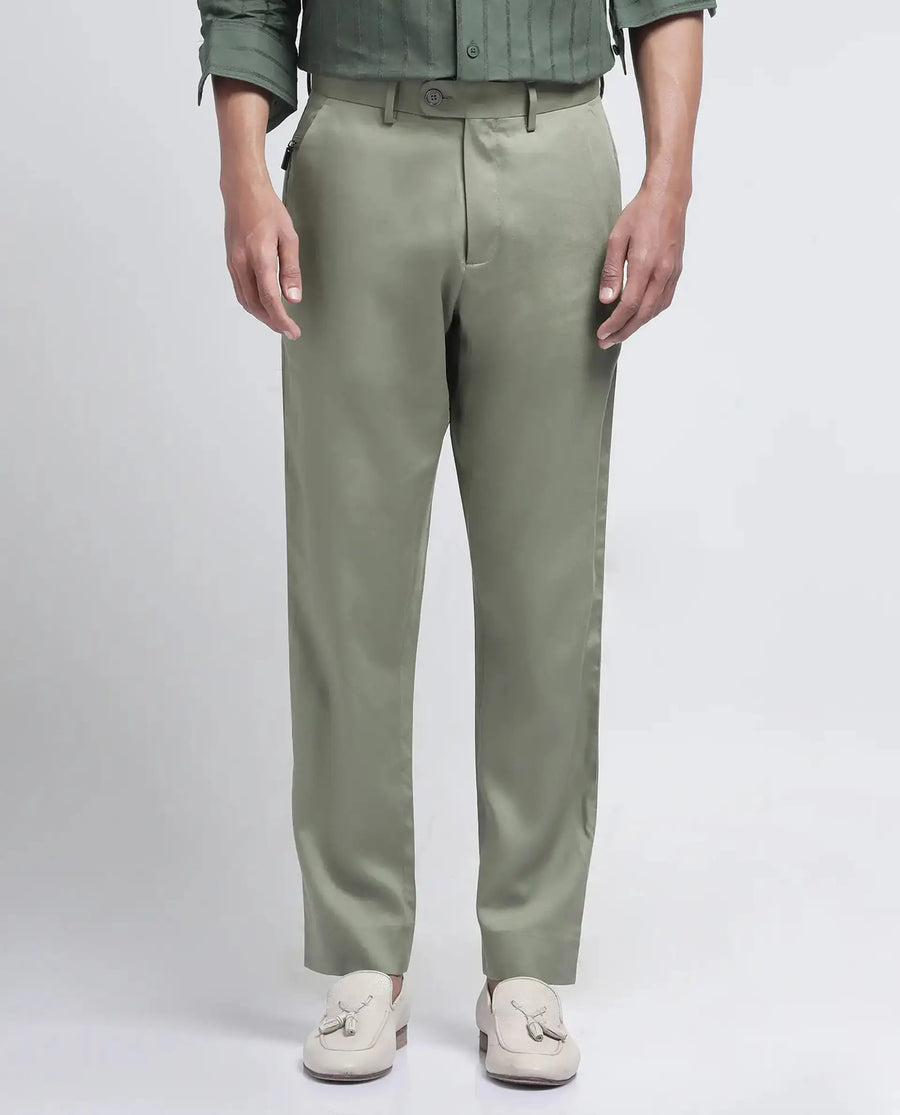 Rare Rabbit Men's Ugo Dusky Green Cotton Blend Plain Regular Fit Trouser