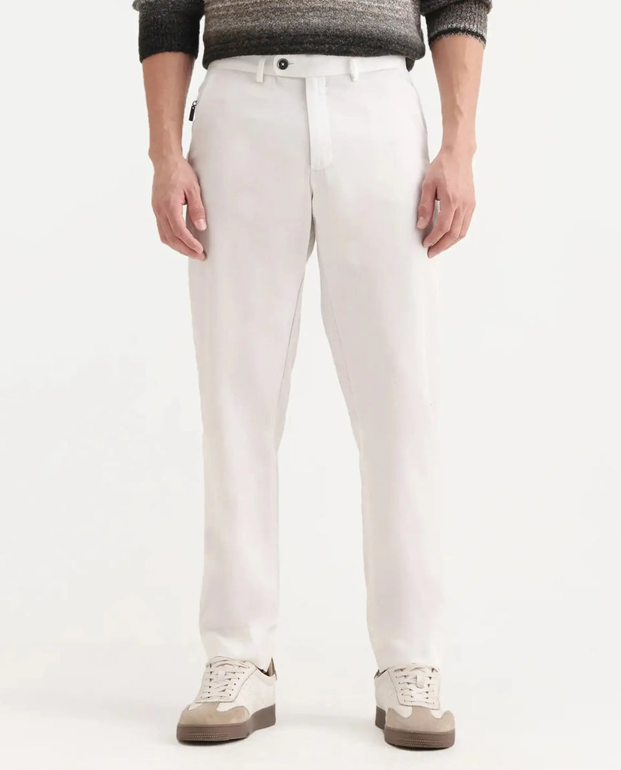 Rare Rabbit Men's Ugo White Cotton Blend Plain Regular Fit Trouser
