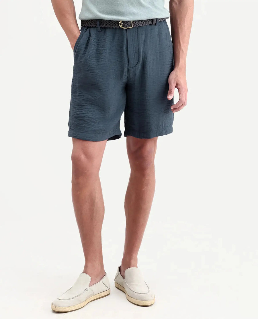 Rare Rabbit Men's Veon-St Dusky Blue Viscose Blend Fabric Relaxed Fit Plain Shorts