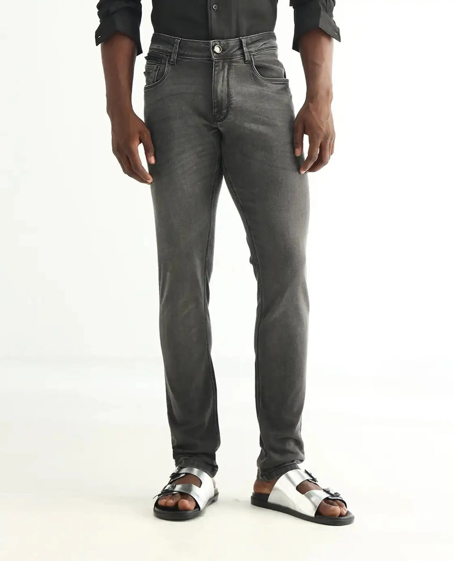 Rare Rabbit Men's Veu Grey Cotton Plain Hawk Slim Fit Jeans