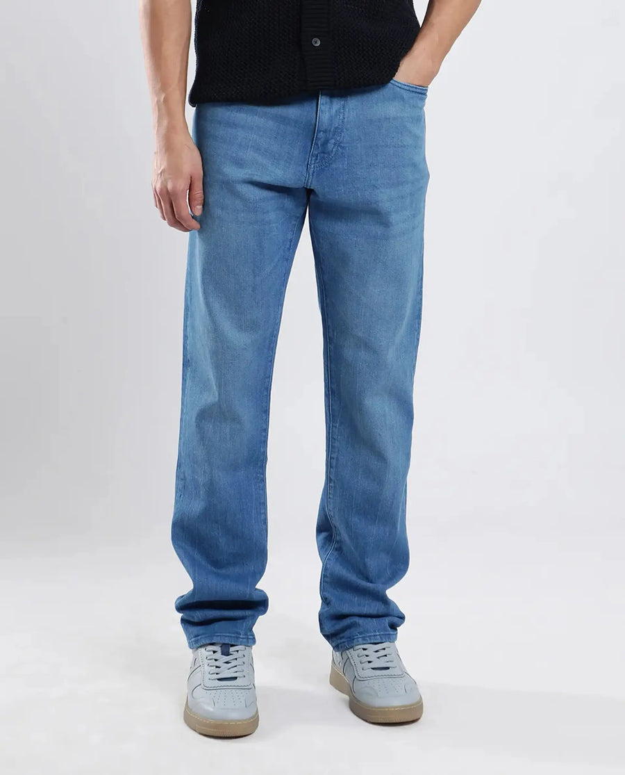 Rare Rabbit Men's Vlad-4 Blue Cotton Blend Plain Morris Regular Fit Jeans