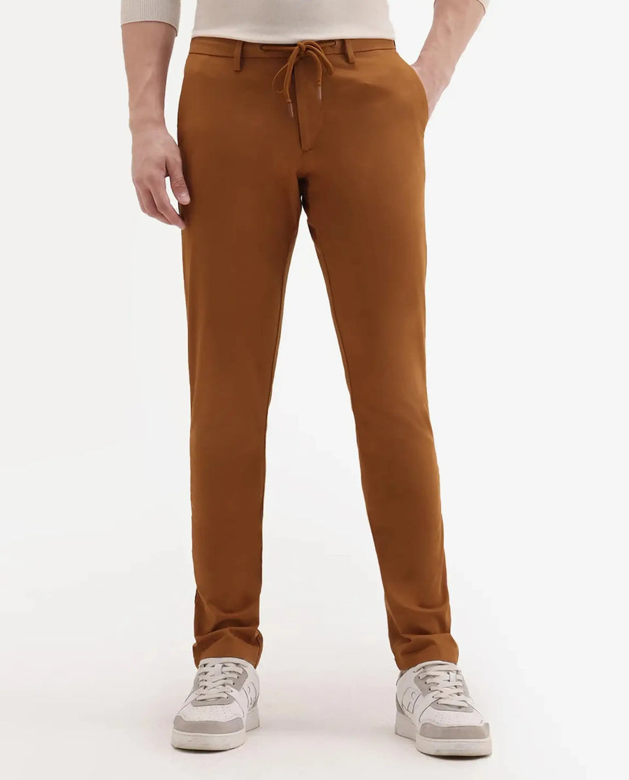 Rare Rabbit Men's Water Orange Cotton Plain Slim Fit Trouser