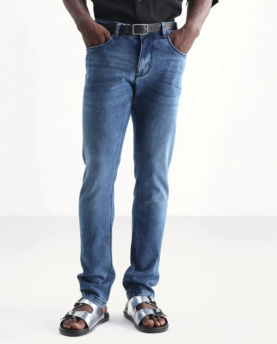 Rare Rabbit Men's Widz Blue Cotton Plain Hawk Slim Fit Jeans