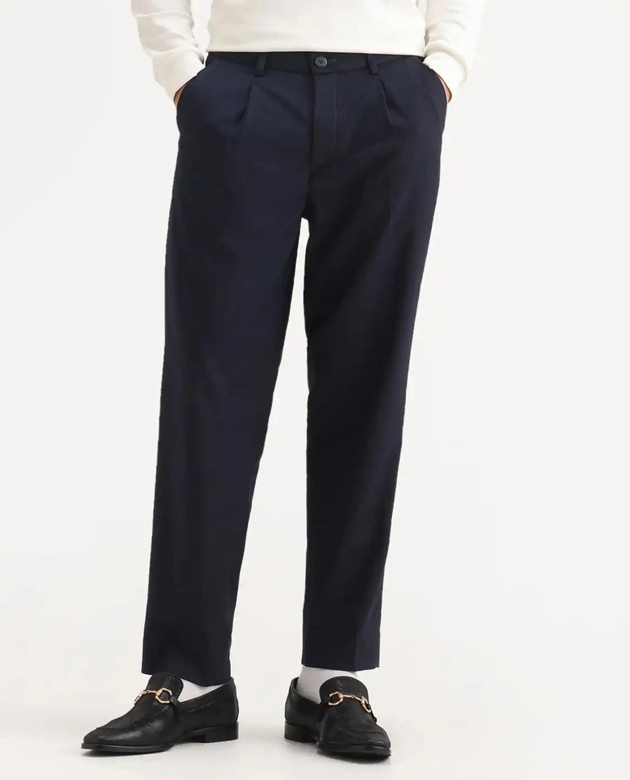 Rare Rabbit Men's Windsor Navy Cotton Plain Relaxed Fit Trouser