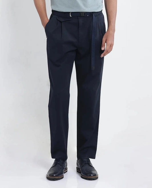 Rare Rabbit Men's Yocko Navy Cotton Blend Plain Baggy Fit Trouser