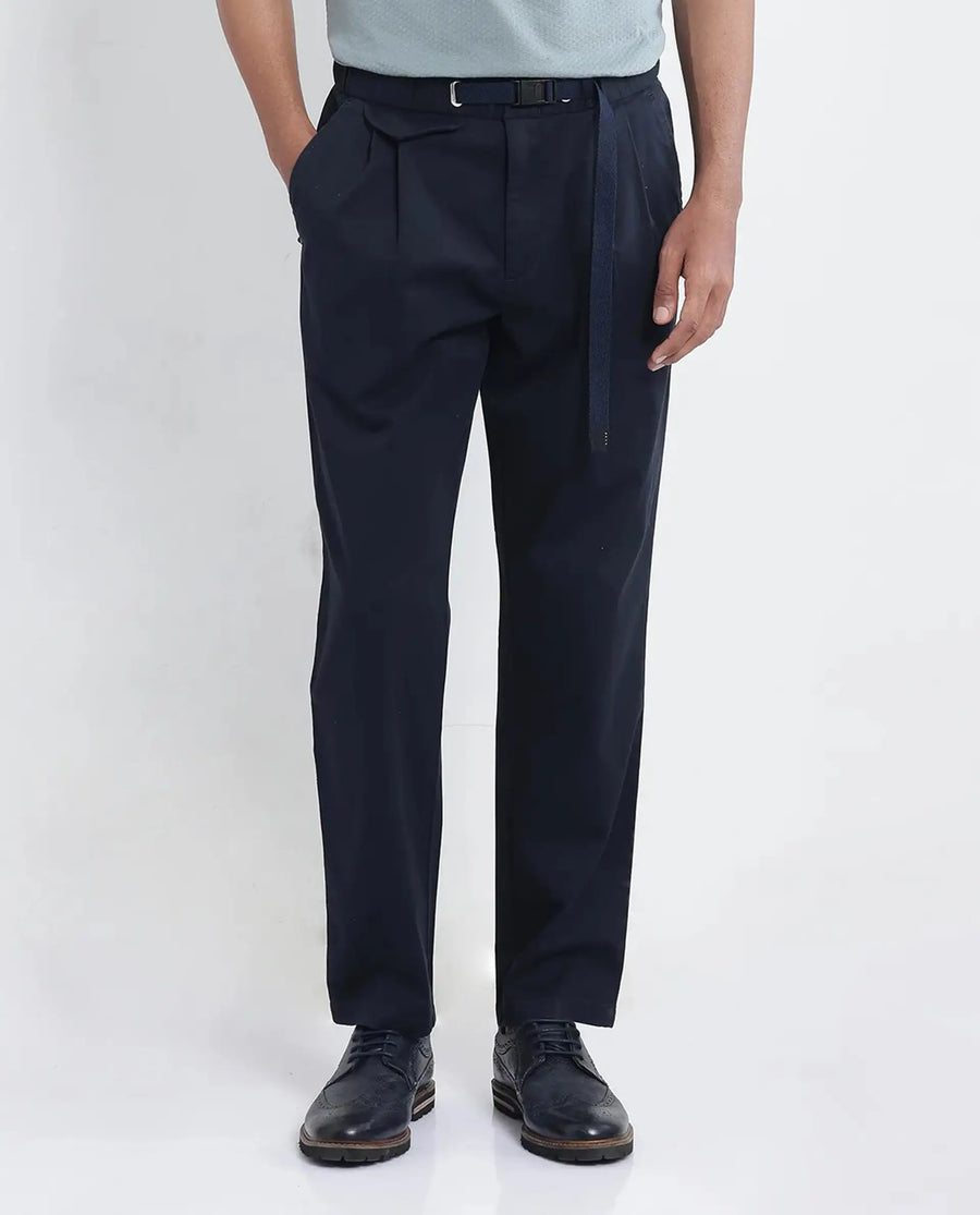 Rare Rabbit Men's Yocko Navy Cotton Blend Plain Baggy Fit Trouser