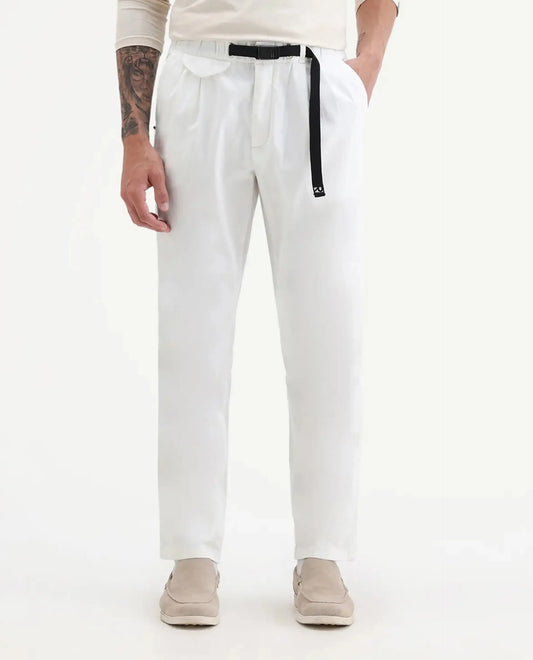 Rare Rabbit Men's Yocko White Cotton Blend Plain Baggy Fit Trouser