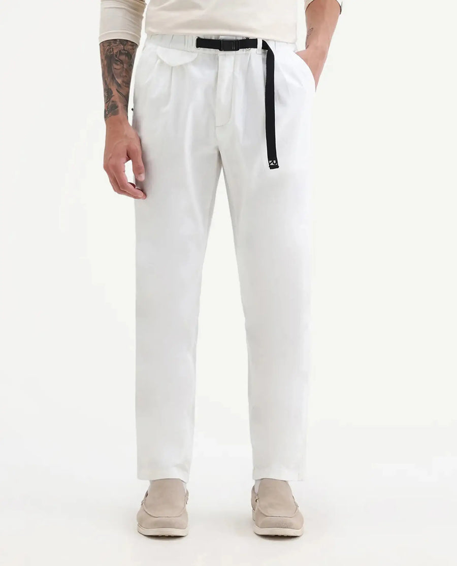 Rare Rabbit Men's Yocko White Cotton Blend Plain Baggy Fit Trouser