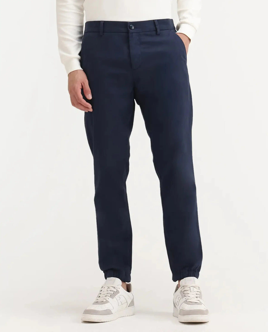 Rare Rabbit Men's Zade Navy Cotton Blend Plain Regular Fit Trouser